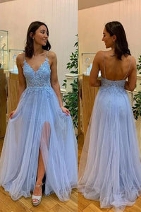 Blue Prom Dress 2022 Fairy Spaghetti Straps Lace Tulle with Slit
