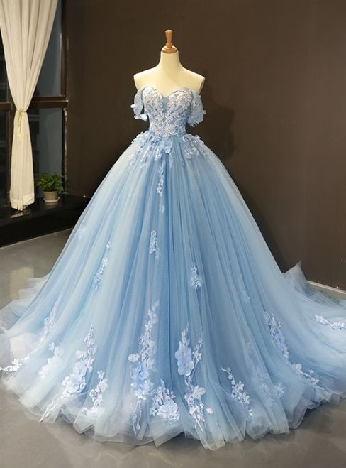 Prom Dress 2022 Ball Gown Blue Tulle Floral Details Off-the-shoulder
