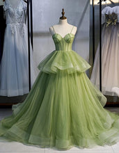 Load image into Gallery viewer, Prom Dress 2022 Ball Gown Spaghetti Straps Olive Green Tulle Tier Skirt Horsehair Trim