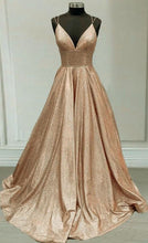 Load image into Gallery viewer, Prom Dress 2022 Ball Gown Deep V-neck Champagne Gold Glitter with Pockets