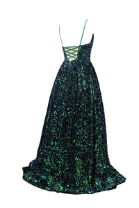 Forest Green Big Sequin Prom Dress 2022 Ball Gown Spaghetti Straps Corset Back with Pockets