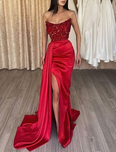 Red Sexy Prom Dress 2023 Mermaid Strapless Draping Satin with Sllit