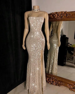 Unique Prom Dress 2023 Mermaid/Trumpet Spaghetti Straps Crisscross Back Sequin Sparkle&Shine