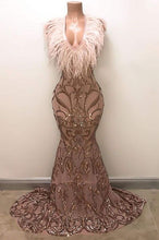 Load image into Gallery viewer, Unique Prom Dress 2023 Mermaid V Neck Sleeveless Sequin with Feathers