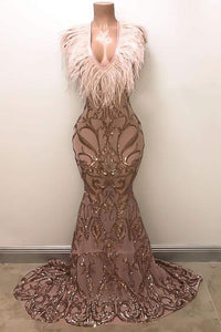Unique Prom Dress 2023 Mermaid V Neck Sleeveless Sequin with Feathers