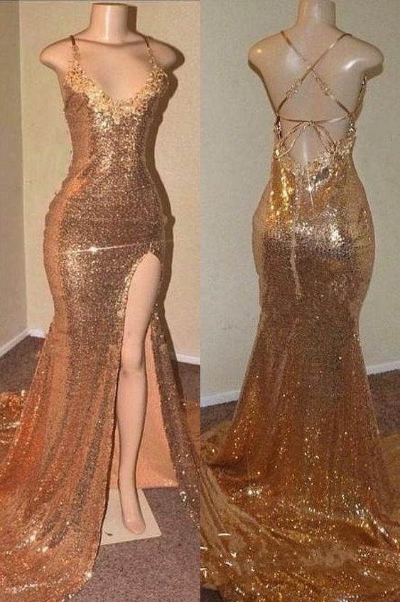 Golden Prom Dress 2023 Mermaid/Trumpet Spaghetti Straps Crisscross Back Sequin with Slit Sparkle&Shine