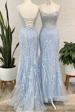 Load image into Gallery viewer, Prom Dress 2023 Elegant Mermaid/Trumpet Spaghetti Straps Crisscross Back Lace with Appliques
