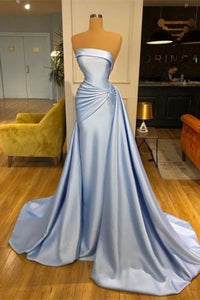 Sky Blue Prom Dress 2023 Mermaid Strapless Draping Satin with Pleats