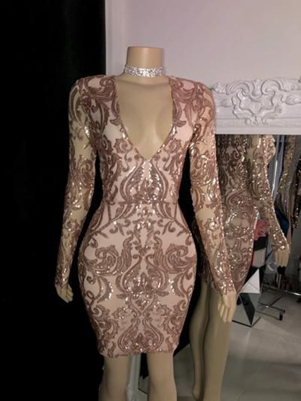 Black Girl Homecoming Dress 2022 Rose Gold Bodycon V Neck Long Sleeves Short with Sequin 8 / Rose Gold Black Girl Homecoming Dress 2022 Rose Gold Bodycon V Neck Long Sleeves Short with Sequin 8 / Rose Gold