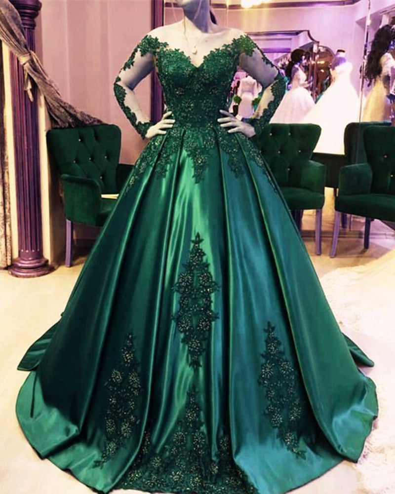 Prom Dress 2022 Ball Gown Green Lace Applique Satin Evening Dress with Long Sleeves