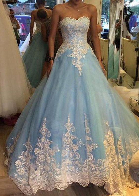 Prom Dress 2022 Ball Gown Sweetheart Ivory Lace Blue Tulle Wedding Dress