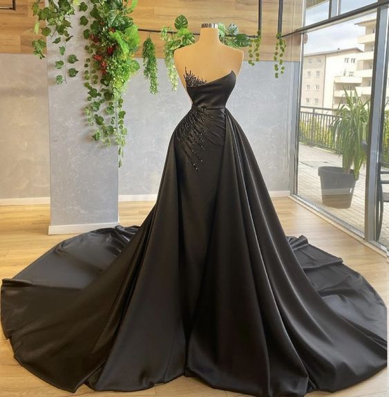 Prom Dress 2022 Black Satin with Long Train 20W / Custom Color Prom Dress 2022 Black Satin with Long Train 20W / Custom Color