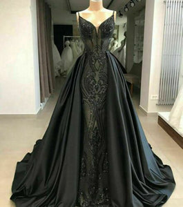 Prom Dress 2022 Black Pattern Sequin with Detachable Train