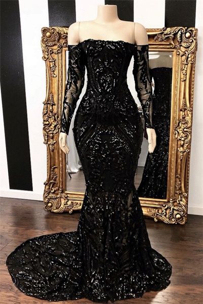 Black Girl Prom Dress 2022 Pattern Sequin Mermaid with Long Sleeves