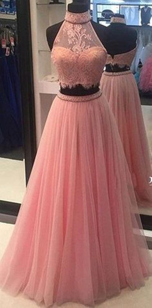 Two Piece Pink Prom Dress 2023 A-line Halter Neck Sleeveless Tulle