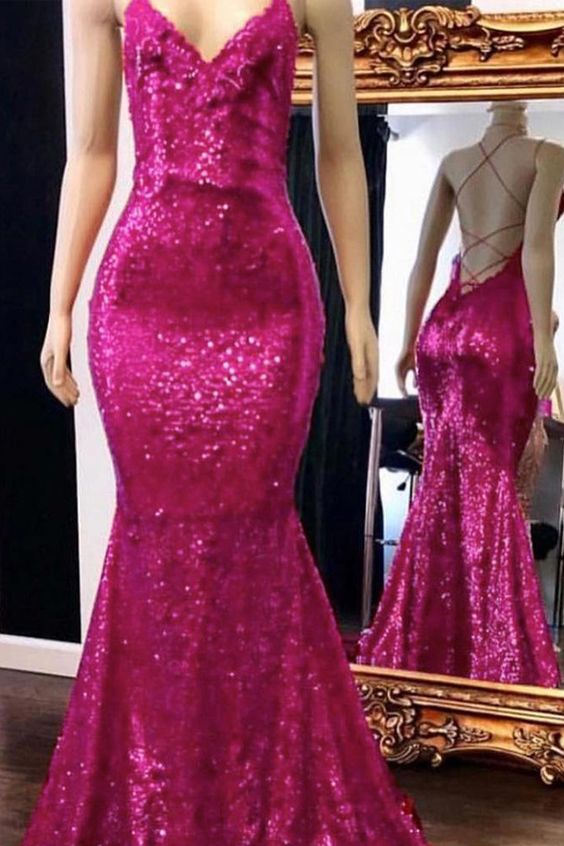Prom Dress 2023 Sexy Mermaid/Trumpet V Neck Spaghetti Straps Crisscross Back Sequin Sparkle&Shine