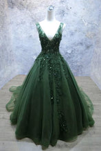 Load image into Gallery viewer, Dark Green Prom Dress 2023 V Neck Puffy A-line Tulle with Appliques