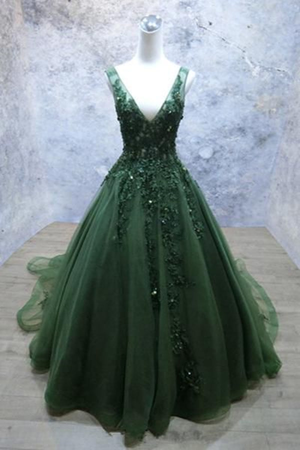 Dark Green Prom Dress 2023 V Neck Puffy A-line Tulle with Appliques