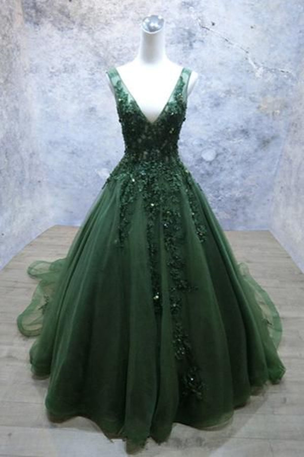 Dark Green Prom Dress 2023 V Neck Puffy A-line Tulle with Appliques 18W / Red