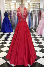 Load image into Gallery viewer, Red Prom Dress 2023 Halter Neck Satin with Pleats