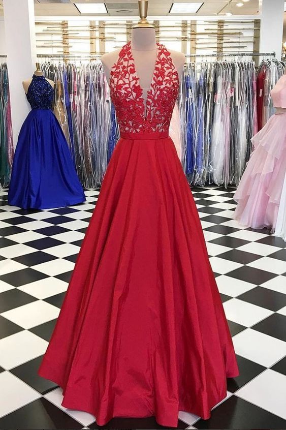 Red Prom Dress 2023 Halter Neck Satin with Pleats