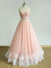 Load image into Gallery viewer, Pink Prom Dress 2023 A-line Strapless Zipper up Back Tulle with Lace Appliques Bow(s)
