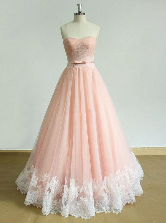 Pink Prom Dress 2023 A-line Strapless Zipper up Back Tulle with Lace Appliques Bow(s)