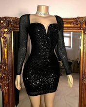 Load image into Gallery viewer, Black Girl Homecoming Dress 2022 Bodycon Halter Neck Long Sleeves Short with Sequin