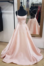 Load image into Gallery viewer, Pink Prom Dress 2023 Elegant A-line Boat Neck Spaghetti Straps Lace up Satin with Pleats