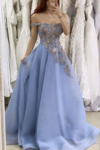 Load image into Gallery viewer, Light Blue Prom Dress 2023 A-line Off the Shoulder Chiffon with Appliques