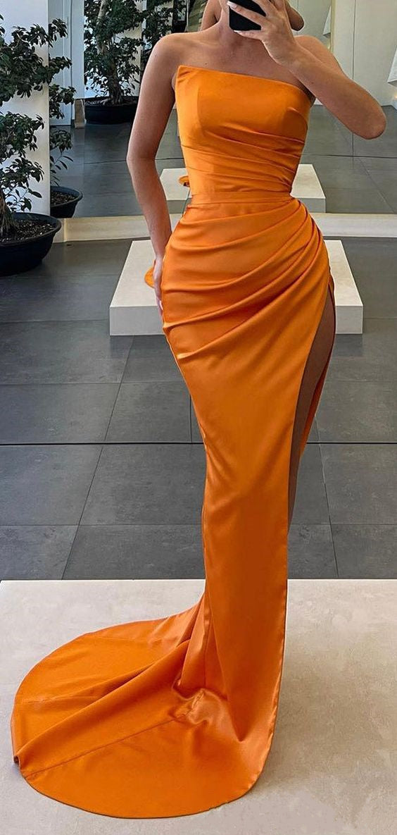 Orange Prom Dress 2023 Sexy Sheath Strapless Draping Satin with High Split