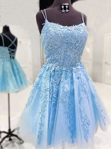 Blue Homecoming Dress 2021 A Line Sleeveless Short / Mini Lace Party Dress
