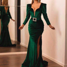 Load image into Gallery viewer, Emerald Green Velvet Prom Dress 2023 Sexy Mermaid Long Sleeves Plunging Neck with Slit