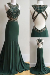 Stylish Green Prom Dress 2023 Sexy Mermaid Sleeveless Jewel Neck Beaded Beautiful Back Jersey