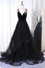 Load image into Gallery viewer, Black Prom Dress 2023 A-line V Neck Spaghetti Straps Tulle with Ruffles