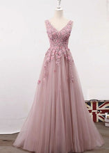 Load image into Gallery viewer, Dusty Pink Prom Dress 2023 V Neck Sleevelesss Tulle with Appliques