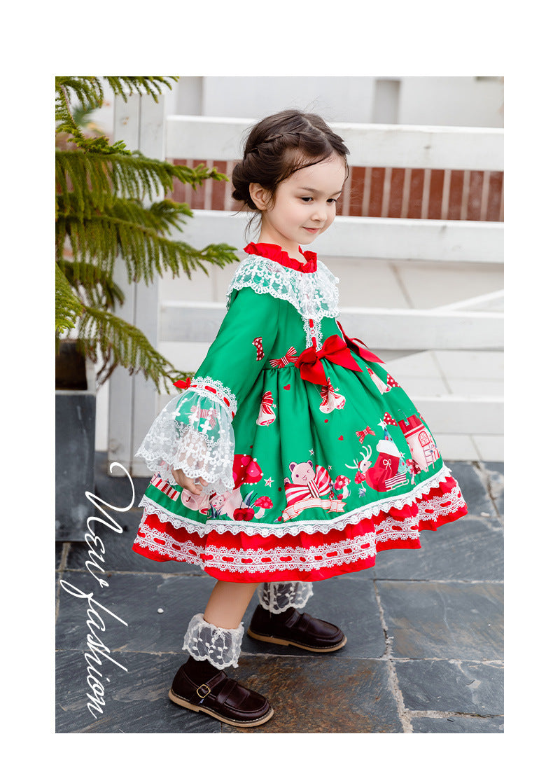 Christmas Green Long Sleeves Spanish Frilled with Lace Bow(s) Girls Lolita Dress Green / 100