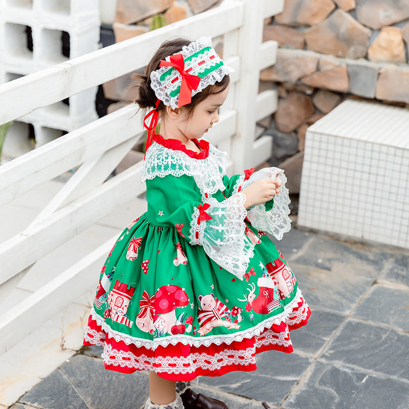 Christmas Green Long Sleeves Spanish Frilled with Lace Bow(s) Girls Lolita Dress Green / 100 Christmas Green Long Sleeves Spanish Frilled with Lace Bow(s) Girls Lolita Dress Green / 100