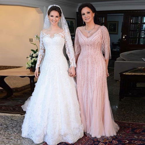 Elegant Mother of the Bride Dresses 2021  V Neck sequin Floor Length Tulle Ruched