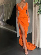 Load image into Gallery viewer, Orange Prom Dress 2023 V Neck Straps Satin with Slit