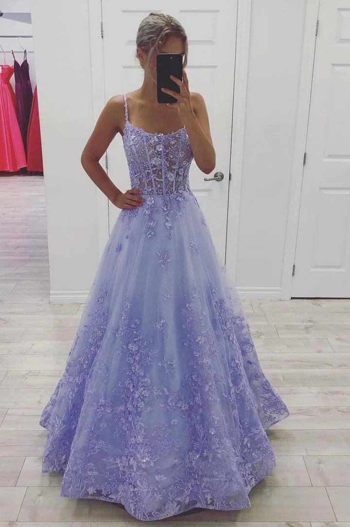 Lilac Floral Prom Dress 2023 Spaghetti Straps Corset Back Tulle