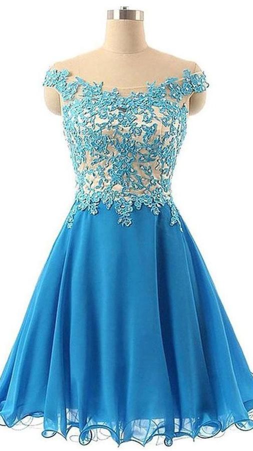 Freshman Homecoming Dress 2021 A Line Cap Shoulder Chiffon Short / Mini Summer 6 / Blue Freshman Homecoming Dress 2021 A Line Cap Shoulder Chiffon Short / Mini Summer 6 / Blue