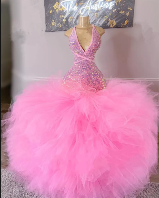 Pink Sequined Prom Dress 2023 Sexy Mermaid Sleeveless Halter Neck Sparkly Backless 14 / Green Pink Sequined Prom Dress 2023 Sexy Mermaid Sleeveless Halter Neck Sparkly Backless 14 / Green