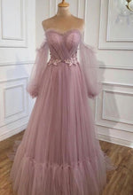 Load image into Gallery viewer, Dusty Pink Prom Dress 2023 Off the Shoulder Tulle with Pleats