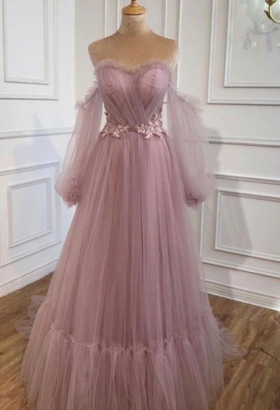 Dusty Pink Prom Dress 2023 Off the Shoulder Tulle with Pleats –  AnnaCustomDress