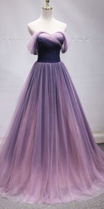 Elegant Prom Dress 2023 A-line Off the Shoulder Purple Gradient Tulle with Pleats