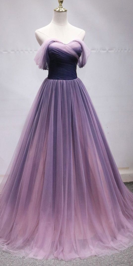 Elegant Prom Dress 2023 A-line Off the Shoulder Purple Gradient Tulle with Pleats 22W / Custom Color Elegant Prom Dress 2023 A-line Off the Shoulder Purple Gradient Tulle with Pleats 22W / Custom Color