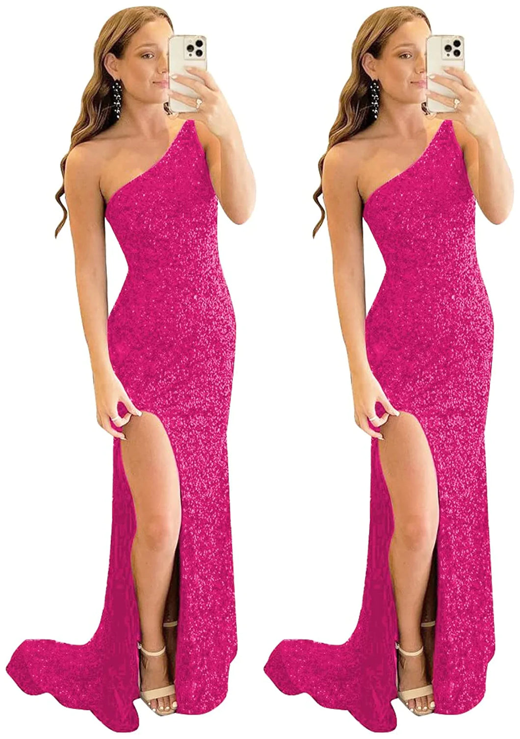 Hot Pink Prom Dress 2023 Mermaid One-shoulder Sequin with Slit