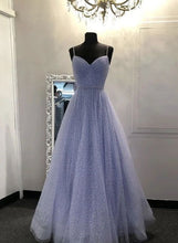 Load image into Gallery viewer, Long Prom Dress 2023 Lavender A-line Sweetheart Neck Spaghetti Straps Tulle Puffy Sequined