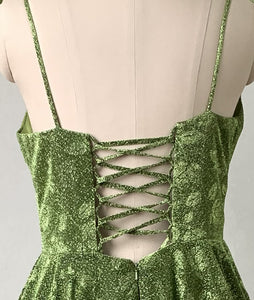 Green Prom Dress 2023 Spaghetti Straps V Neck with Pleats Corset Back